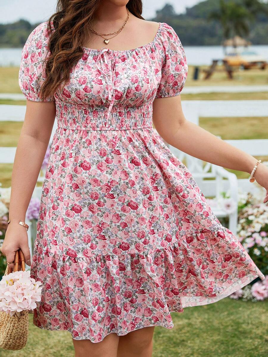 Flirla 大尺碼女士數字印花短袖褶皺花卉洋裝