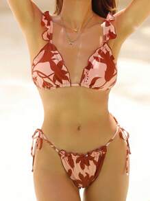 SHEIN Swim Set de bikini cu imprimeu aleatoriu, cu garnitură cu volane de vară - Multicolor - Vizualizare 1