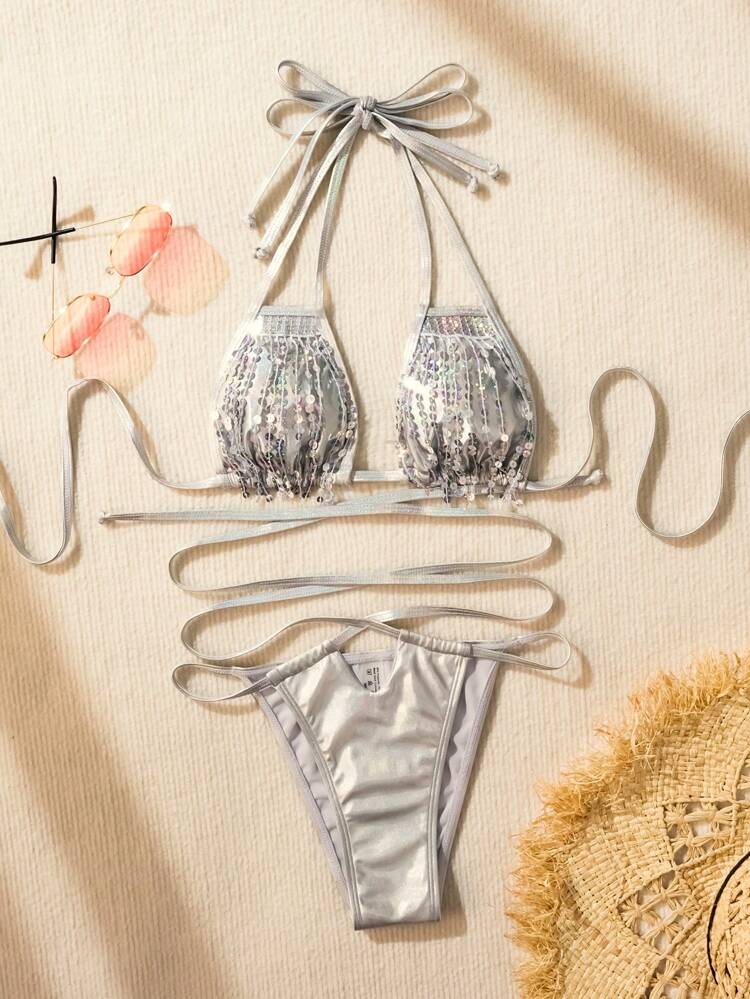 Women's Metallic Fabric Sparkling Fringed Halter Bikini Set Summer