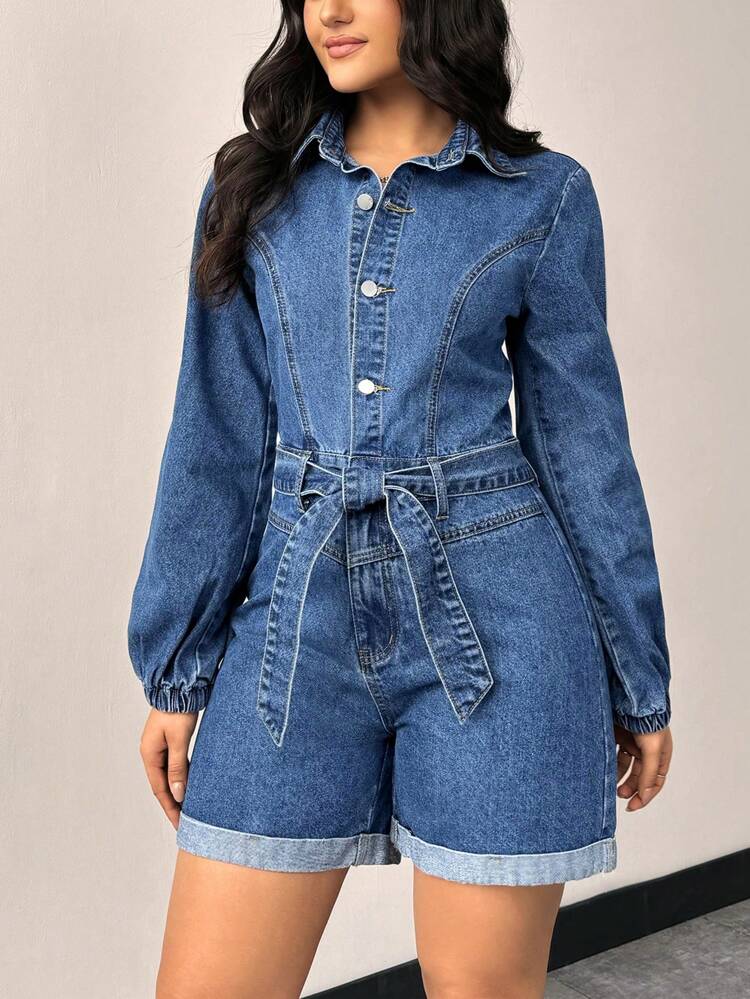 Women's Denim Romper With Lantern Sleeve And Waist Tie