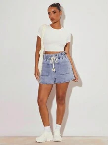 SHEIN BASICS Áo thun nữ cổ tròn tay ngắn màu trơn đơn giản thường ngày - trắng - Xem 5