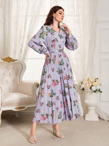 Modelyn 女士花卉印花褶邊長袖裙 - 紫色 - 查看 6