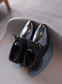 Children's Snake Skin Pattern Flat Shoes For Boys, Pointed Toe Leather Party Black Shoes - Black - View 2