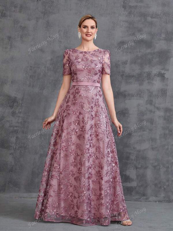 Women' Floor Length Embroidery Sequin Party Dress Elegant Mother Of The Bride Dress