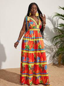 Slaydiva Tropical Printed V-Neck Cinching Waist Dress - Multicolor - View 7