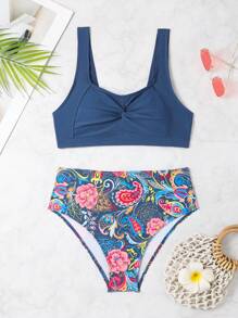 SHEIN Swim Ladies' Ruffled Wide Strap Floral Print Bikini Set Summer Beach - Multicolor - View 3