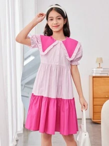 SHEIN Tween Girls' Loose Cute School Daily Color Block Bubble Sleeve Midi Dress