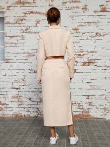 GENKIRA Solid Color Suit Jacket With Lapel Collar And Split Hem Skirt Set - Apricot - View 2