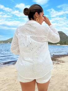 SHEIN SXY 夏季假期海灘白色上衣,鑽孔空心設計 - 白色 - 查看 2