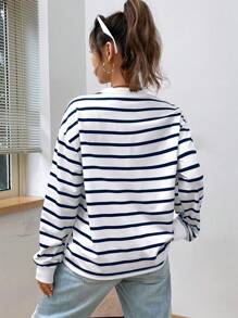 SHEIN EZwear 圆领条纹卫衣毕业装、返校服、毕业典礼、女士教师服、秋冬返校装 - 藍白色 - 查看 2