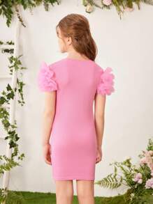 SHEIN Cô gái Tween Vòng cổ Không tay Đan Sọc Đầm Với 3D Ren lưới Đồ trang trí - Màu Hồng Tươi - Xem 2