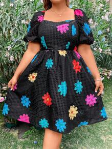 Flirla Plus Size Women's Floral Printed Short Bubble Sleeve Dress - Multicolor - View 5