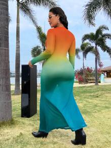 SHEIN Unity Plus Size Women's Gradient Long Sleeve Mesh Dress - Blue - View 5