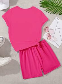 Teen Girl Cartoon Pattern Short Sleeve T-Shirt And Shorts Set - Hot Pink - View 2