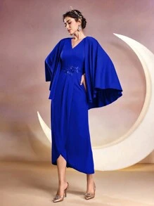 Modelyn Women's Solid Color Cape Wrap Dress Long Evening Dresses - Blue - View 1