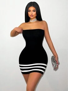 Zolique Striped Knitted Sweater Dress With Bodycon Design
