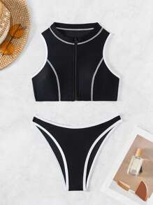 Swim SPRTY Bộ bikini có dây kéo phía trước có dây buộc tương phản dành cho nữ - màu đen - Xem 6