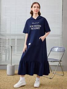 SHEIN Teen Girl Casual Dress With Letter Print, Patch Pocket, Ruffle Trim Hem - Royal Blue - View 6