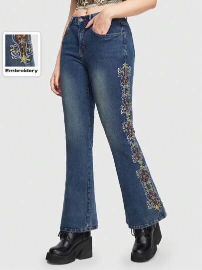 Goth Jean Évasé Pour Femme Brodé