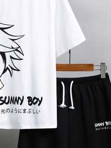 SHEIN 青少年男孩休閒印花圓領T恤和針織短褲套裝 - 黑色 - 查看 7