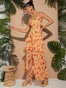 L'Amorae Floral Dot Tiered Ruffle Split Dress - Apricot - View 3
