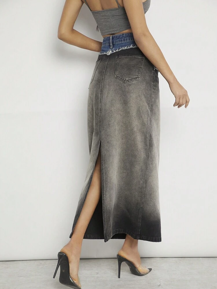 Fashion Colorblock Ombre Frayed Denim Skirt