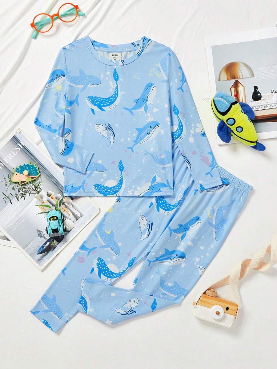 SHEIN Young Boy Cute Whale Pattern Knit Cozy Soft Skin-Friendly Snug Fit Pajama Set - Baby Blue - View 1