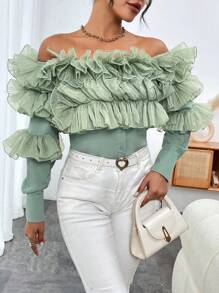 SHEIN Privé Off-Shoulder Tiered Ruffle Trimmed Blouse - Dark Green - View 4