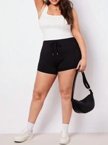 SHEIN BASICS Plus Size Women's Knitted Casual Drawstring Waist Short Leggings - Multicolor - View 6