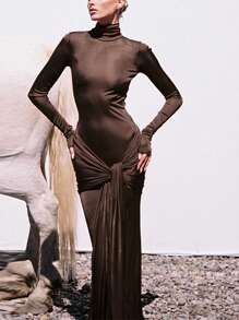 Women Solid Bodycon Long Sleeves Tie Elegant Fall Winter Party Vacation Festival Dress - Coffee - View 1