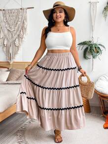 SHEIN Holidaya 大尺碼彩塊彈性腰流蘇裙 - 杏色 - 查看 3