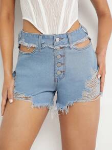 Denimoi Short en jean déchiré à boutons mode avec découpes