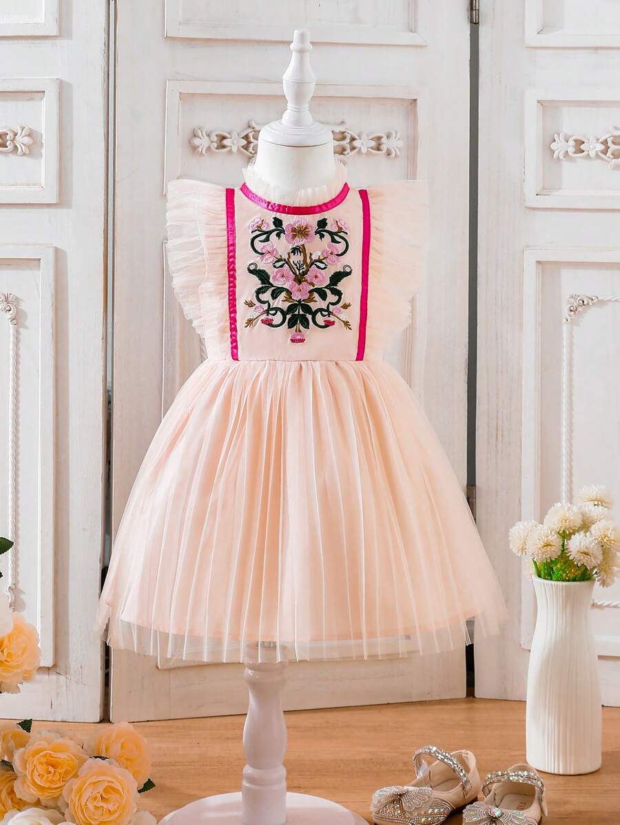 Vestido De Niña De Bebé Con Cremallera Invisible Con Cinta De Raso Y Parche Bordado De Flores