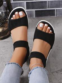 女士防滑透氣羅馬涼鞋,寬鬆彈性休閒運動涼鞋 - 黑色 - 查看 4