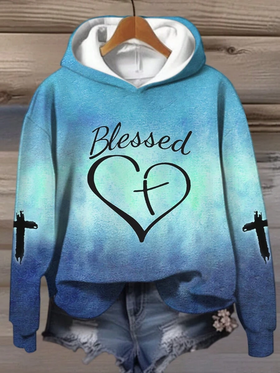 SHEIN LUNE 大码渐变色字母十字印花卫衣 - 藍色 - 查看 1