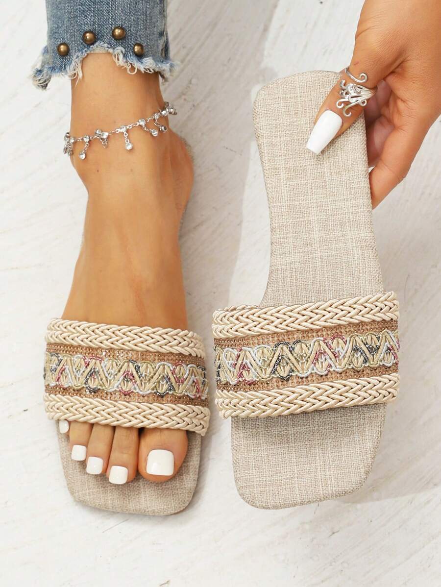 Của phụ nữ Đồ trang trí Rhinestone Dệt Họa tiết Hình học Phong cách Bohemian Dép phẳng Đối với Ngày lễ , Màu be - Nhiều màu - Xem 1