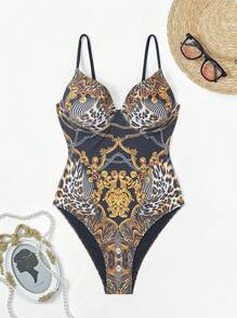 SHEIN Swim Summer Women's One Piece Swimsuit With Steel Wire And Printed Splicing Design