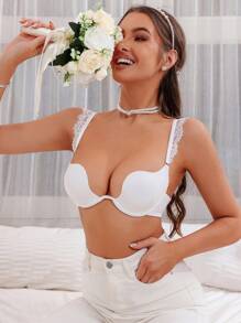 SHEIN Elegant White Embroidery Lace Push Up Bra For Women Sexy Lingerie Bridal Underwear - White - View 3