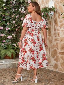SHEIN VCAY Plus Size Women's Floral Print Dress With Sweetheart Neck And Slit - Multicolor - View 2