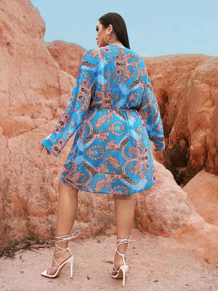 Plus Size Peplum Hem See-Through Long Sleeve Belted Dress With Paisley Print On Chiffon Fabric