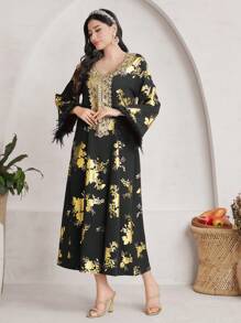 Al Najma 1 đầm nữ in hoa sang trọng & ren & váy kiểu Ả Rập có tay loe - màu đen - Xem 7