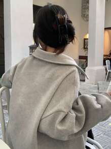 女士宽松版型保暖内衬纯色落肩翻领运动衫 - 淺灰色 - 查看 2