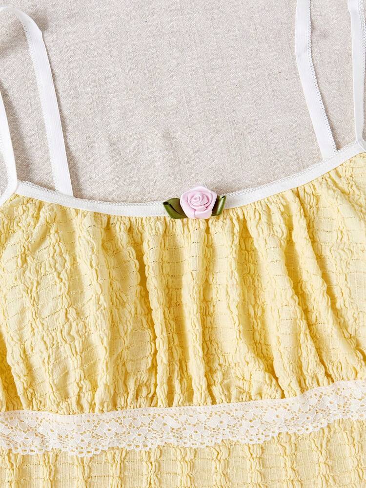 Women's Holiday Style Soft Yellow Texture Knitwear Camisole Top With Lace Edging, Rose Detailing, Romantic Rural Sweetness