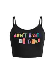 Babi Basques Plus Size Slogan Print Cropped Slim Fit Camisole Top - Black - View 1