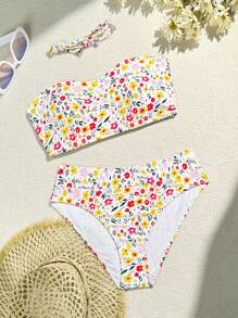 Swim Mod Ensemble bikini bandeau avec imprimé de petites fleurs, pour l'été à la plage