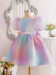 SHEIN Vestido De Princesa De Fantasía Para Chicas Adolescentes Con Mangas Abullonadas Decoradas Con Lazos, Estampado Degradado Y Detalles De Malla En La Espalda En Forma De V - Multicolor - Ver 4