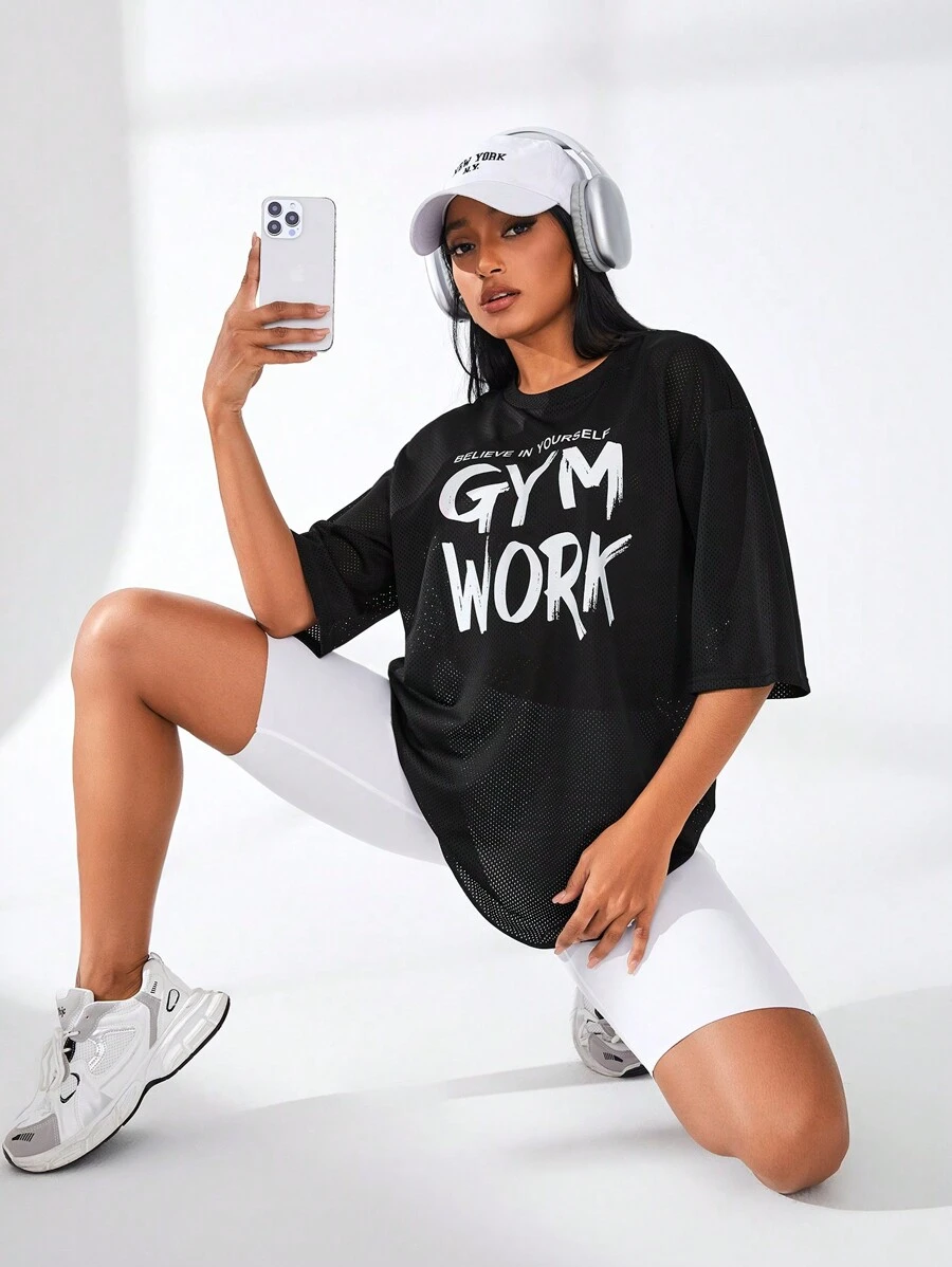 Gameset SHEIN Sport Camo Print Batwing Sleeve Curved Hem Sports Teeworkout Tank Top Gym Women Shirts - Black - View 1