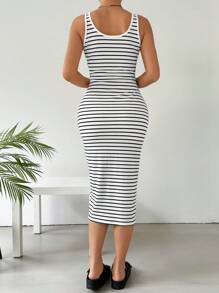 SHEIN EZwear Women's Striped Button Front Sleeveless Dress - Black and White - View 2