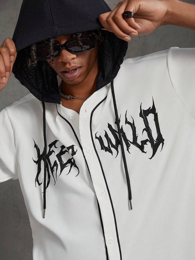 Men's Hooded Short Sleeve Shirt With Letter Print