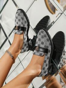 女士优雅蓝色绒面平底方头乐福鞋，配小金属扣装饰（鞋面纹理随机） - 灰色 - 查看 3